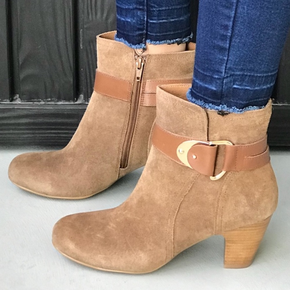 Distressed Suede Buckle Block Heel Ankle Booties - Picture 1 of 8